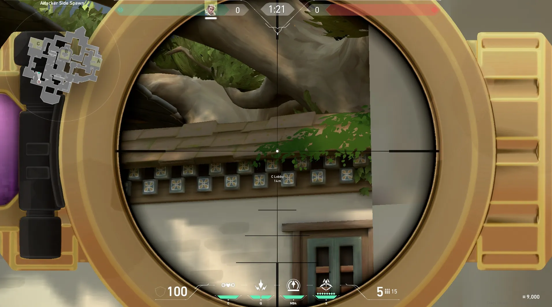 Sova Shock Bolt on Haven Attack Site C — step 4 of 6: Aim — line up the shot