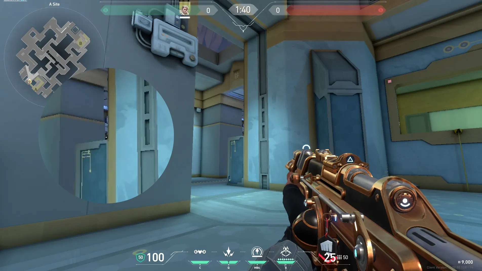 Sova Recon Bolt on Abyss Defense Site A — step 3 of 5: Aim — line up the shot