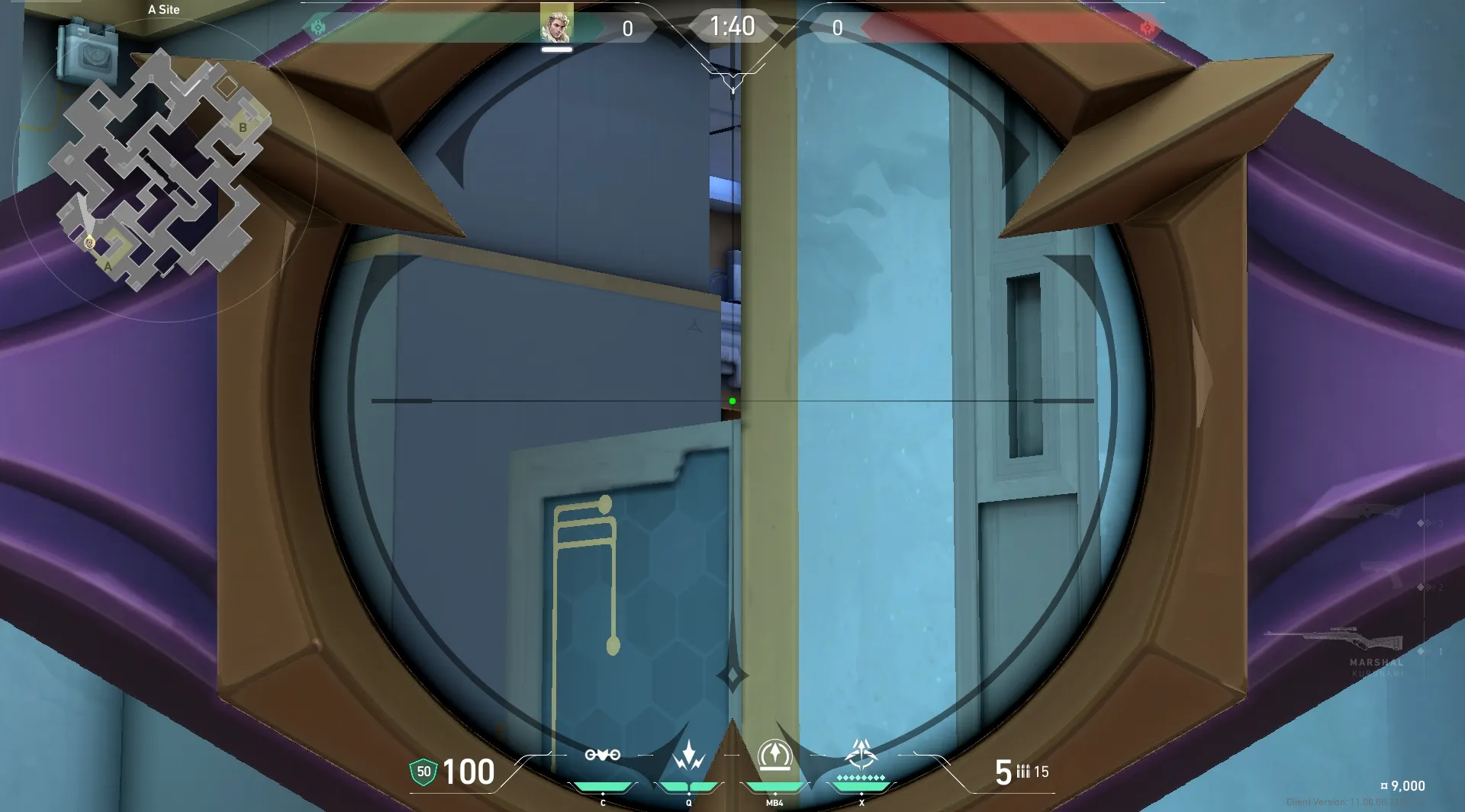 Sova Recon Bolt on Abyss Defense Site A — step 4 of 5: Aim — line up the shot