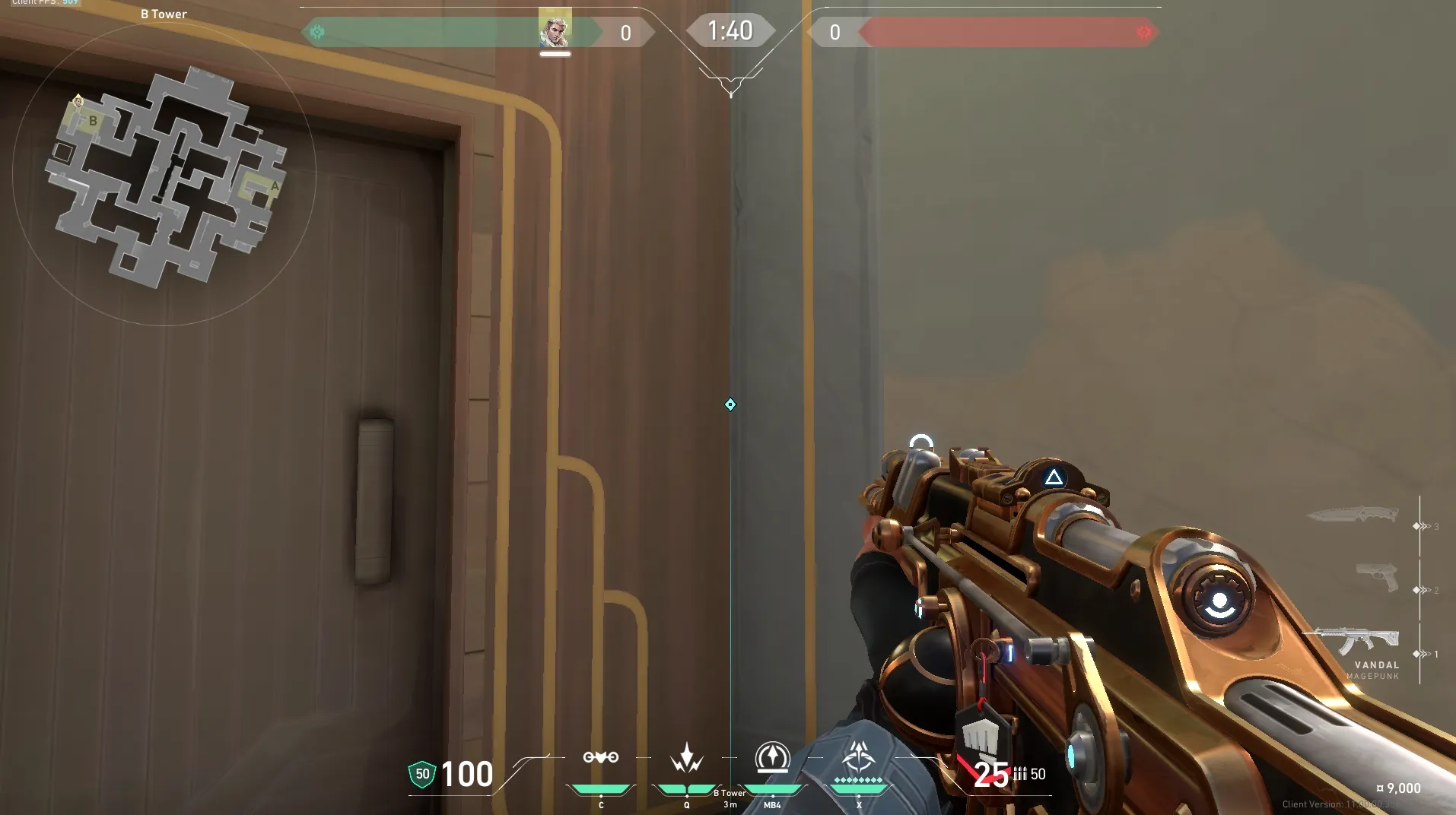 Sova Recon Bolt on Abyss Defense Site B — step 2 of 5: Aim — line up the shot