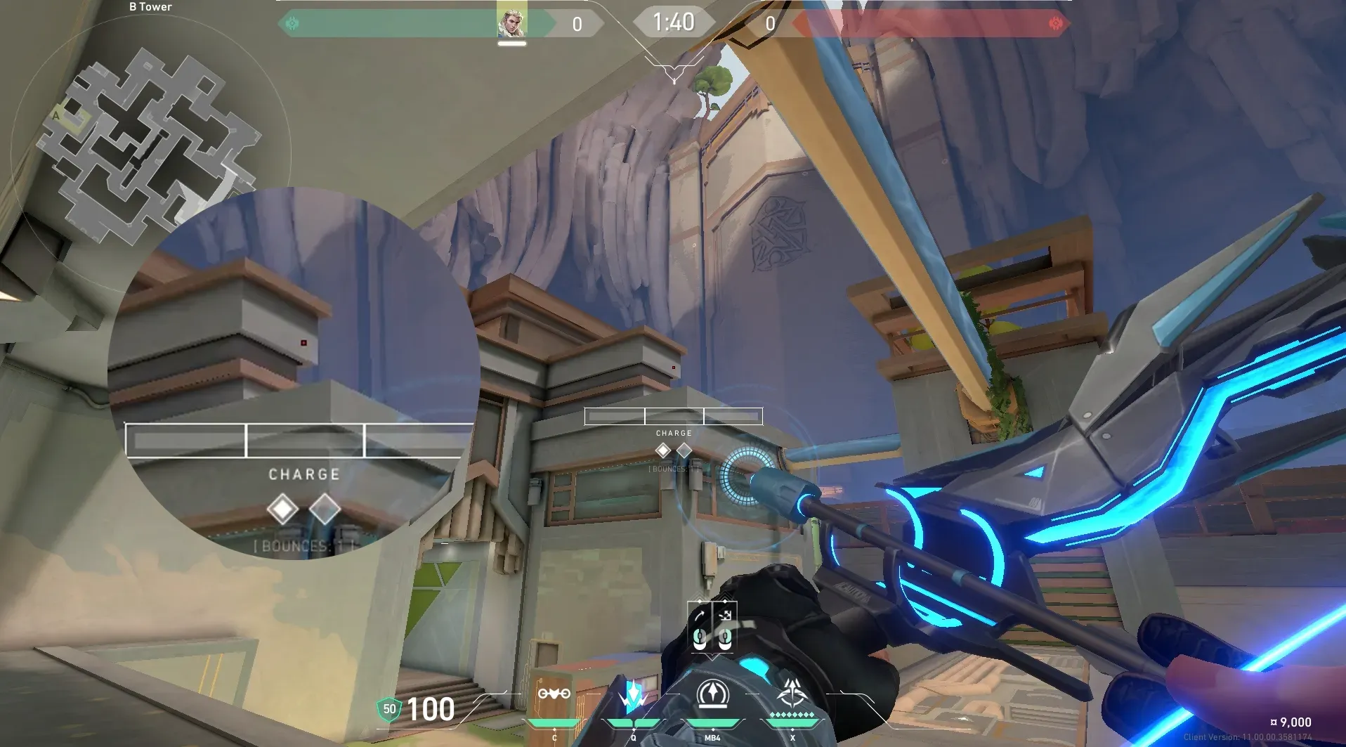Sova Recon Bolt on Abyss Defense Site B — step 3 of 5: Aim — line up the shot