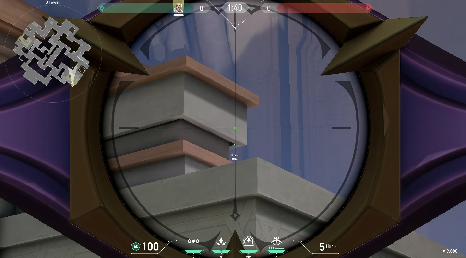 Sova Recon Bolt on Abyss Defense Site B — step 4 of 5: Aim — line up the shot