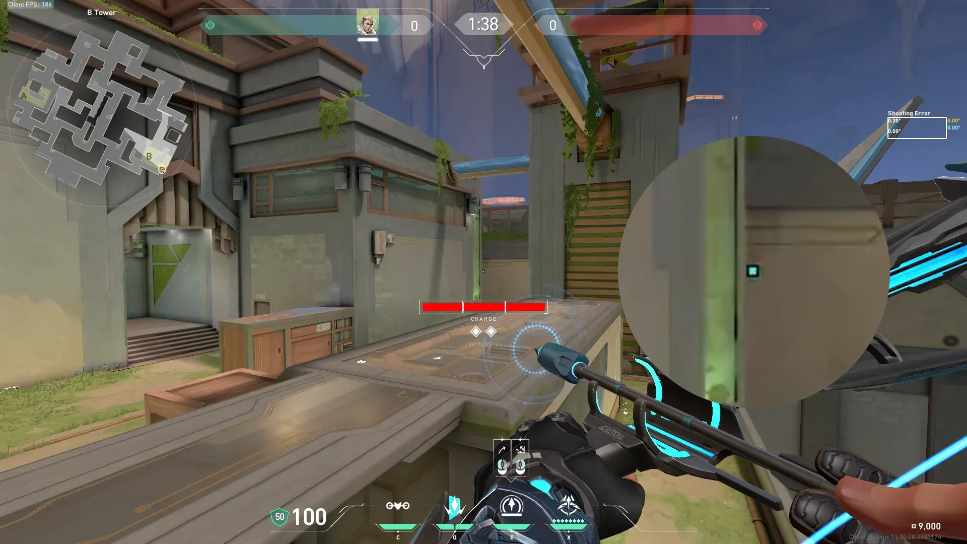 Sova Recon Bolt on Abyss Defense Site B — step 2 of 3: Aim — line up the shot