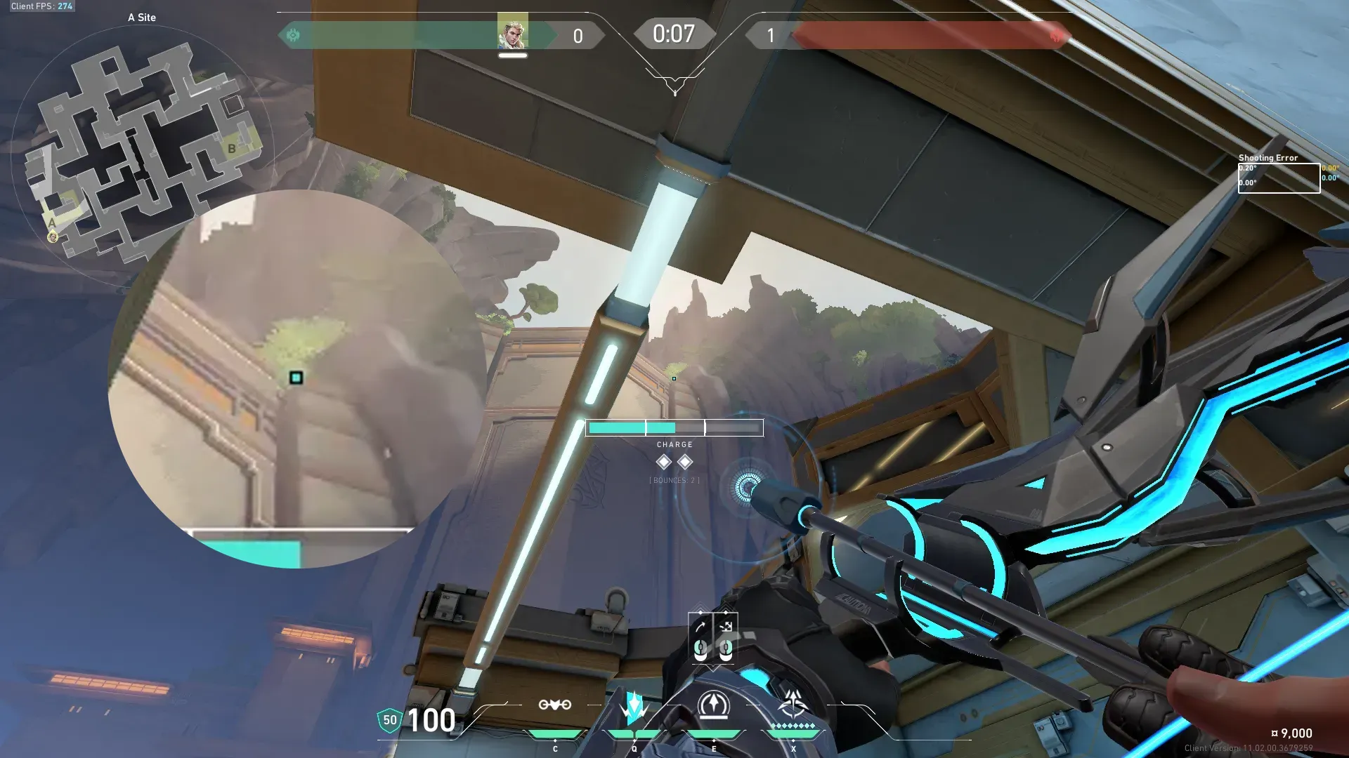 Sova Recon Bolt on Abyss Defense Site A — step 2 of 3: Aim — line up the shot