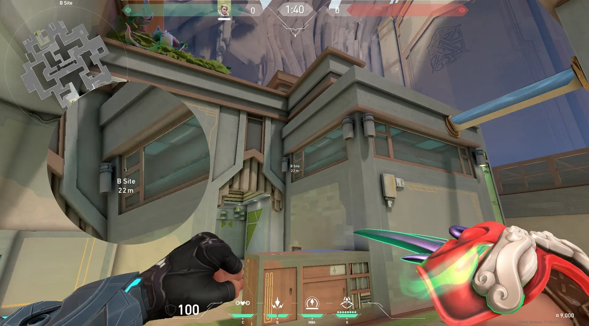 Sova Recon Bolt on Abyss Defense Site A — step 2 of 5: Aim — line up the shot