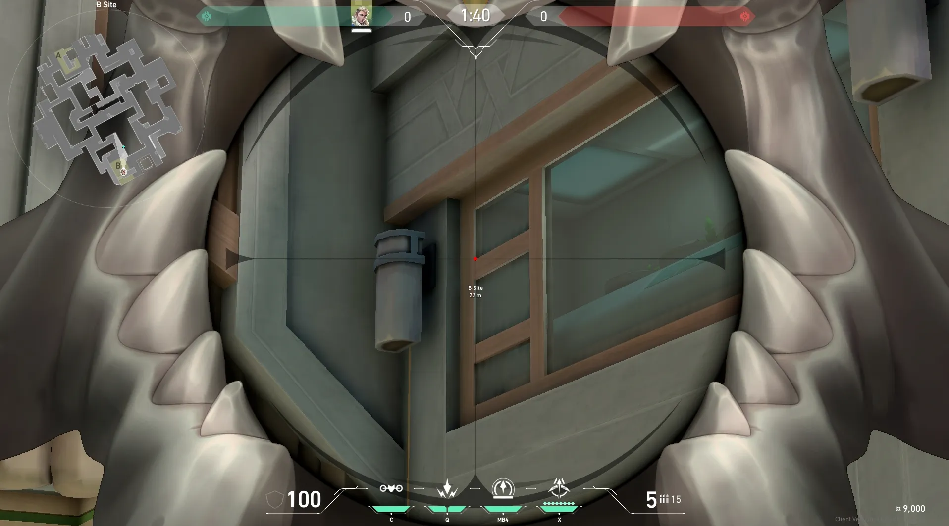 Sova Recon Bolt on Abyss Defense Site A — step 3 of 5: Aim — line up the shot