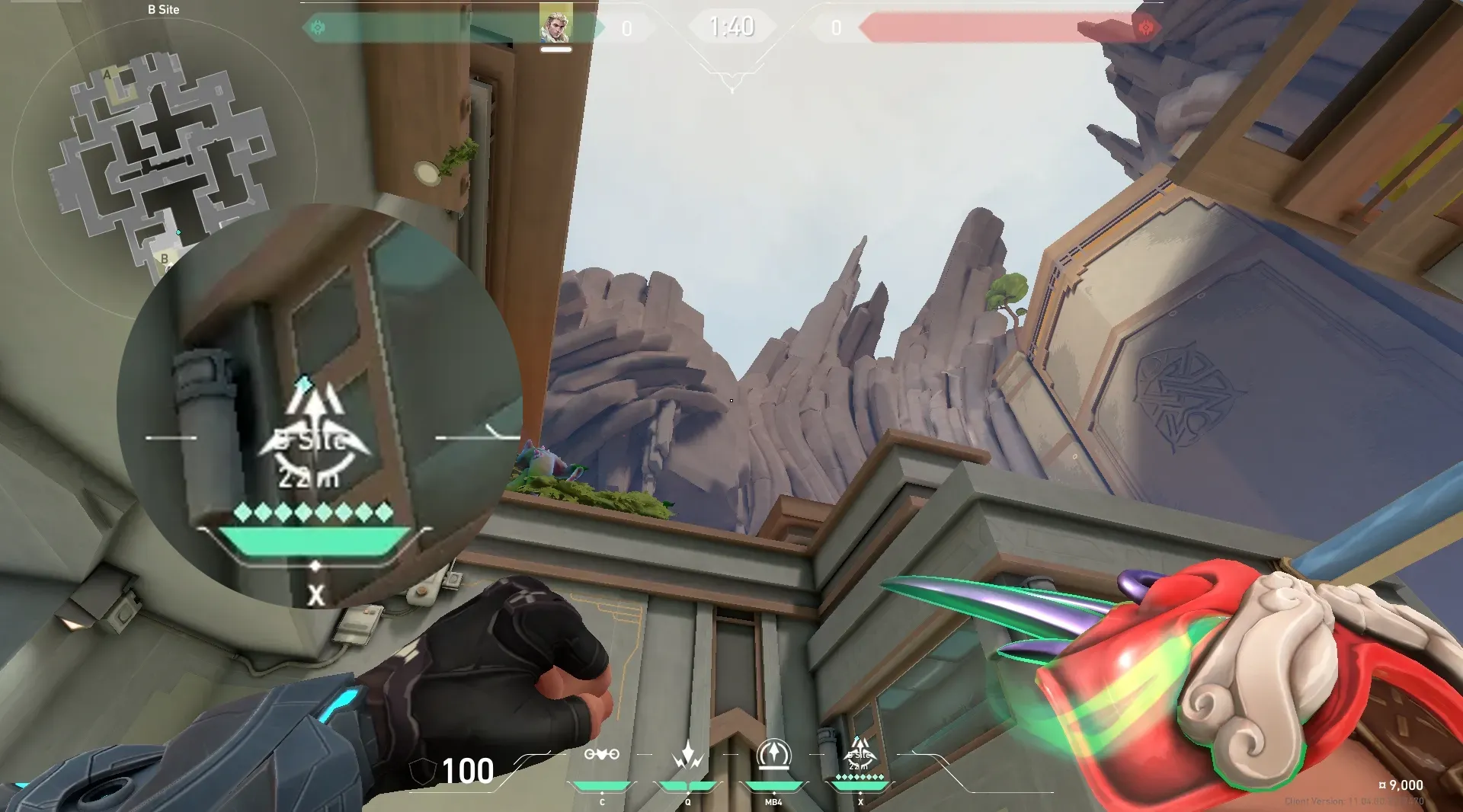 Sova Recon Bolt on Abyss Defense Site A — step 4 of 5: Aim — line up the shot