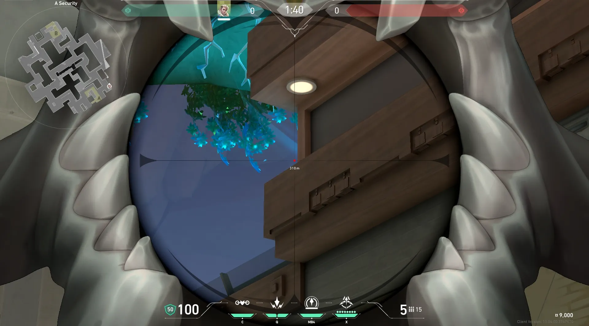 Sova Recon Bolt on Abyss Defense Site B — step 3 of 5: Aim — line up the shot