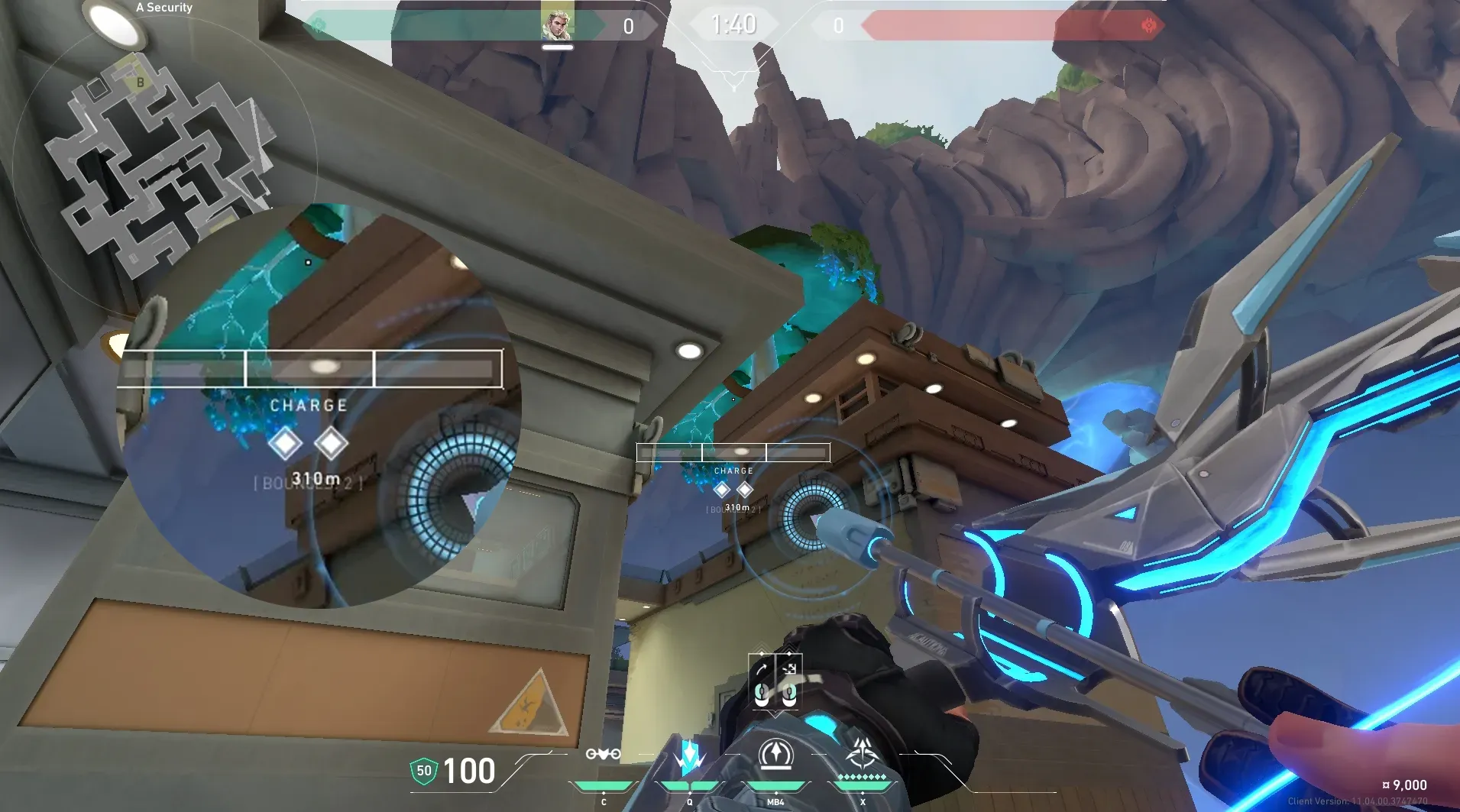 Sova Recon Bolt on Abyss Defense Site B — step 4 of 5: Aim — line up the shot