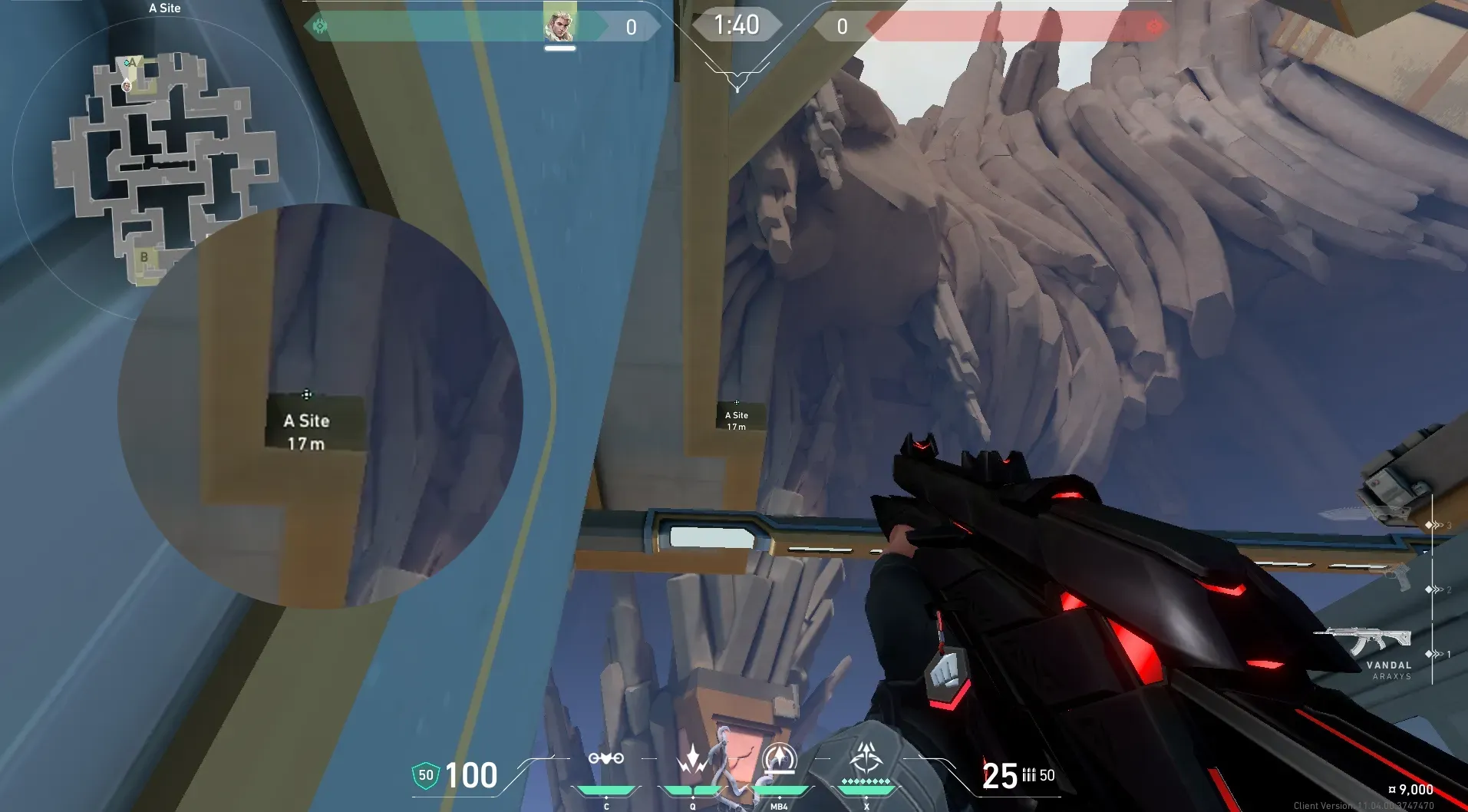 Sova Recon Bolt on Abyss Defense Site B — step 2 of 5: Aim — line up the shot