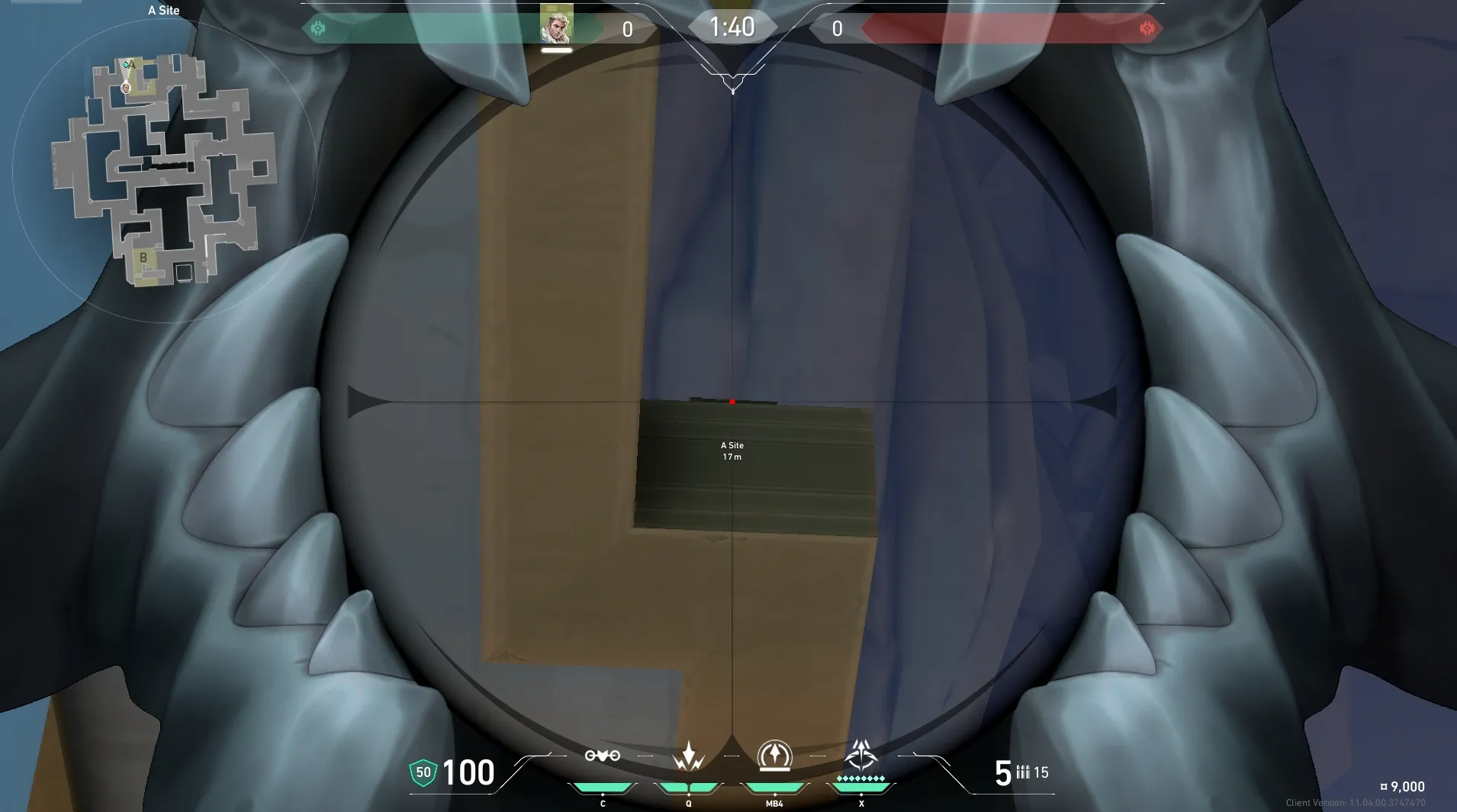 Sova Recon Bolt on Abyss Defense Site B — step 3 of 5: Aim — line up the shot