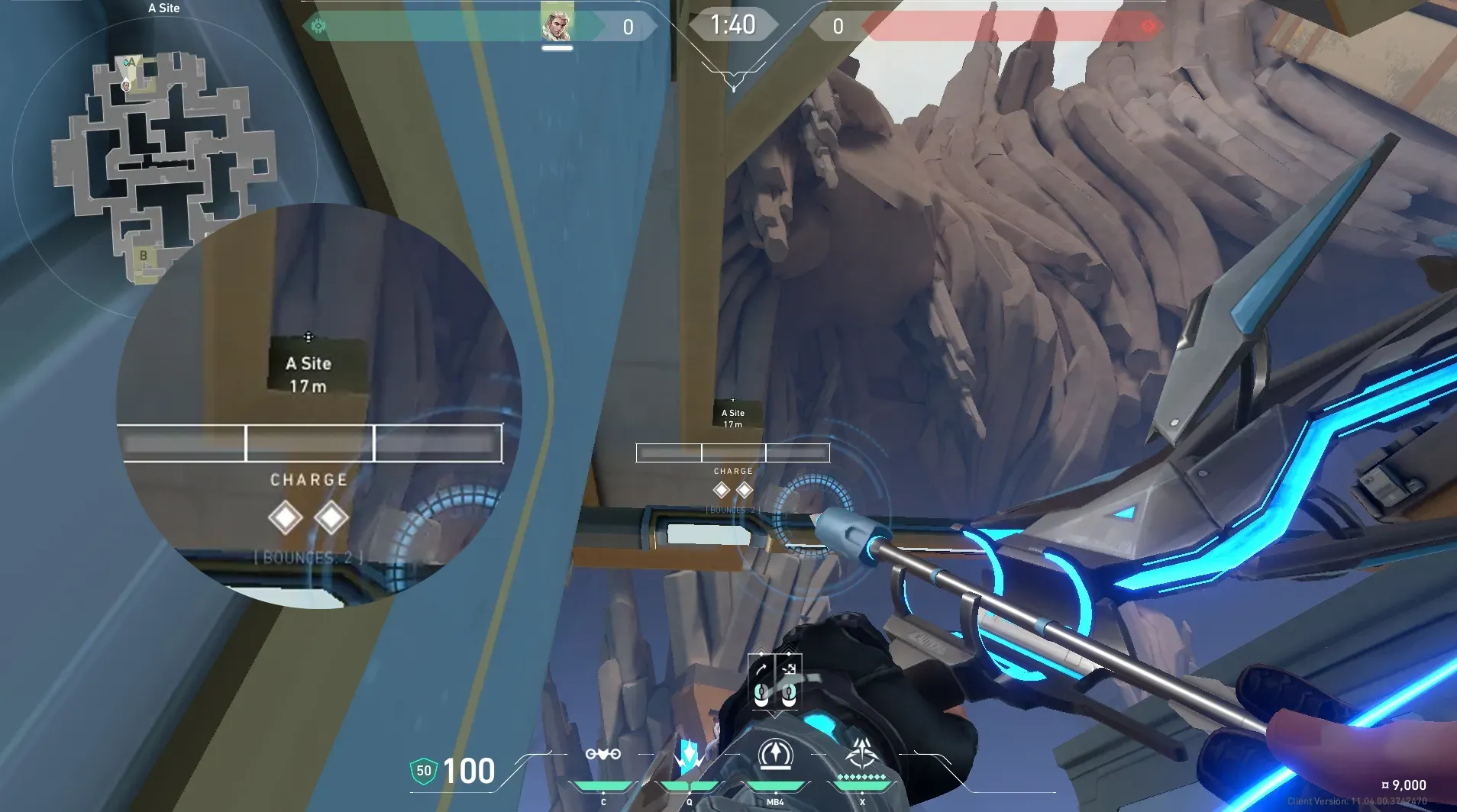 Sova Recon Bolt on Abyss Defense Site B — step 4 of 5: Aim — line up the shot
