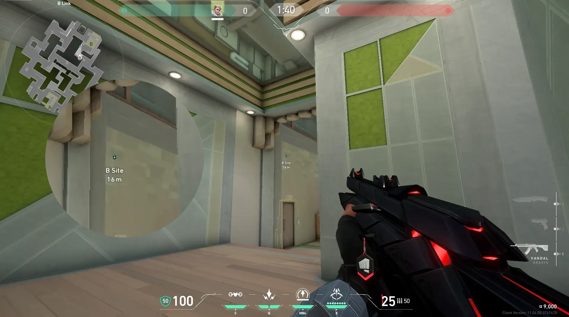 Sova Recon Bolt on Abyss Defense Site B — step 2 of 6: Aim — line up the shot