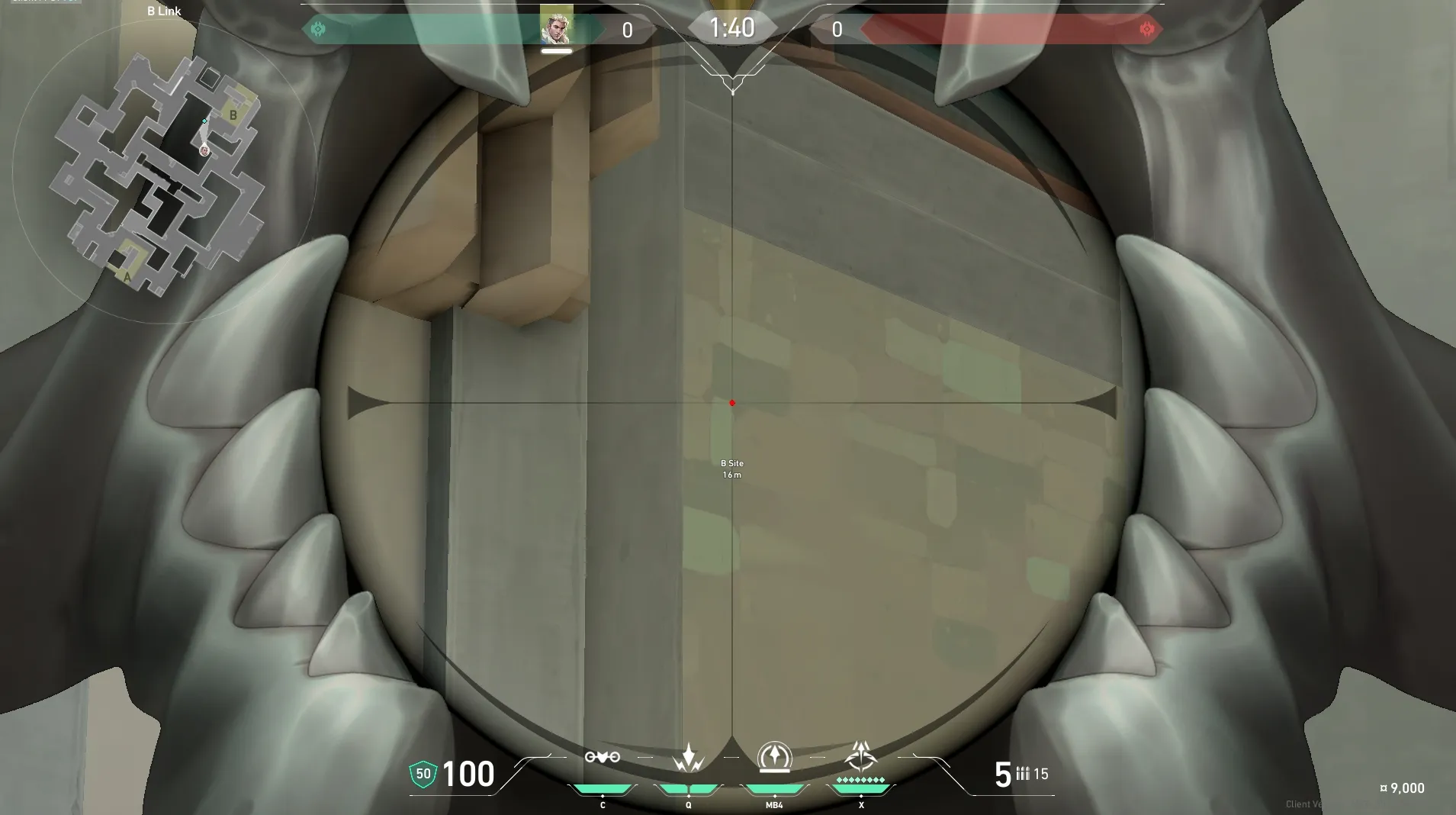 Sova Recon Bolt on Abyss Defense Site B — step 3 of 6: Aim — line up the shot