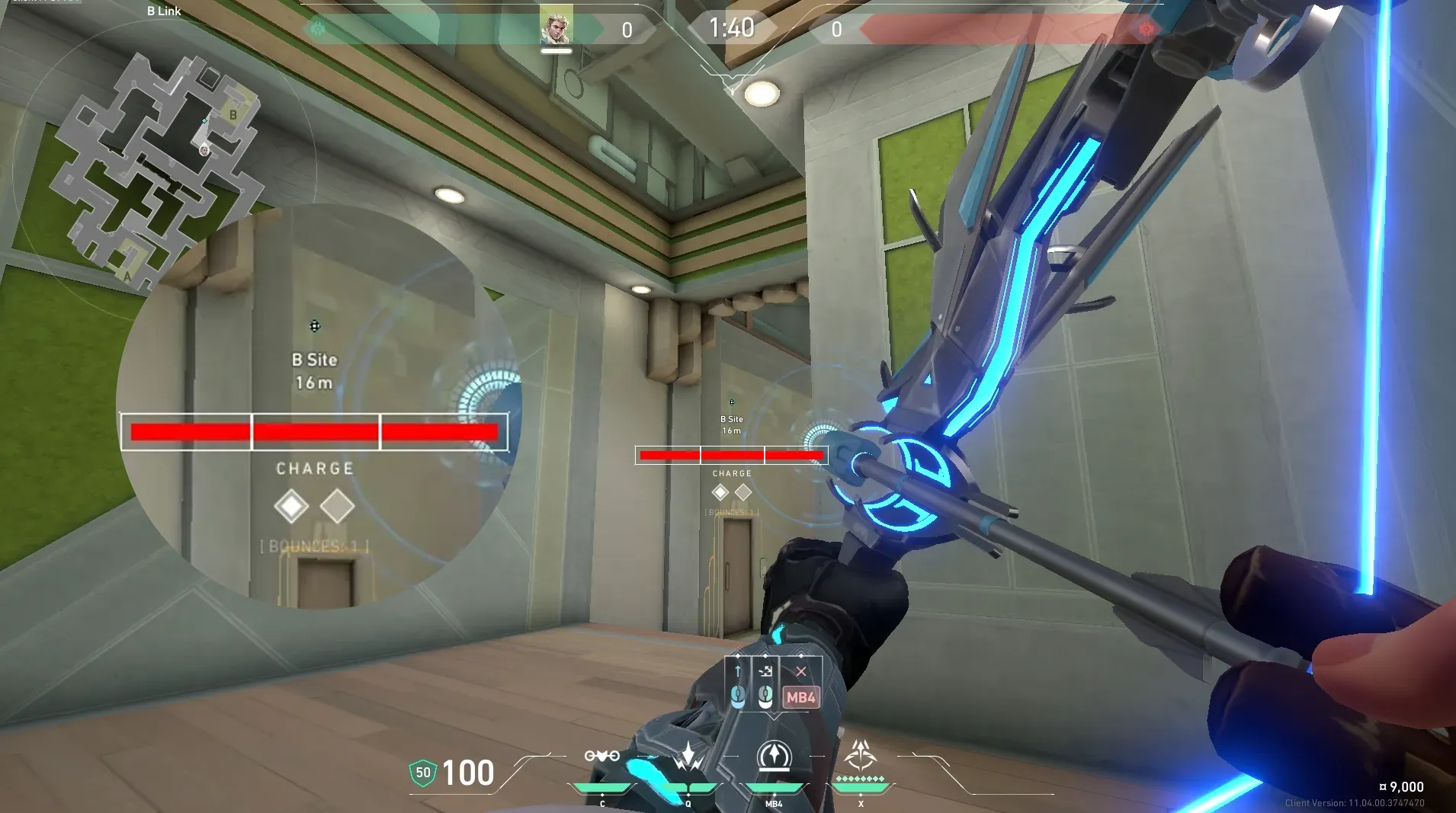 Sova Recon Bolt on Abyss Defense Site B — step 4 of 6: Aim — line up the shot