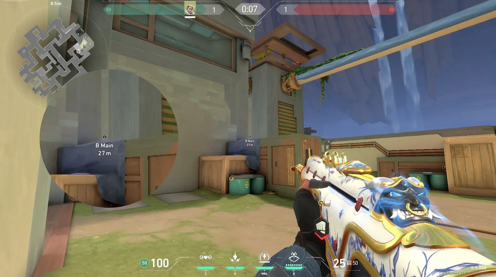 Sova Recon Bolt on Abyss Defense Site B — step 2 of 4: Aim — line up the shot