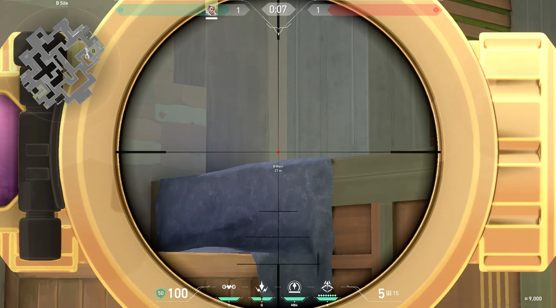 Sova Recon Bolt on Abyss Defense Site B — step 3 of 4: Aim — line up the shot