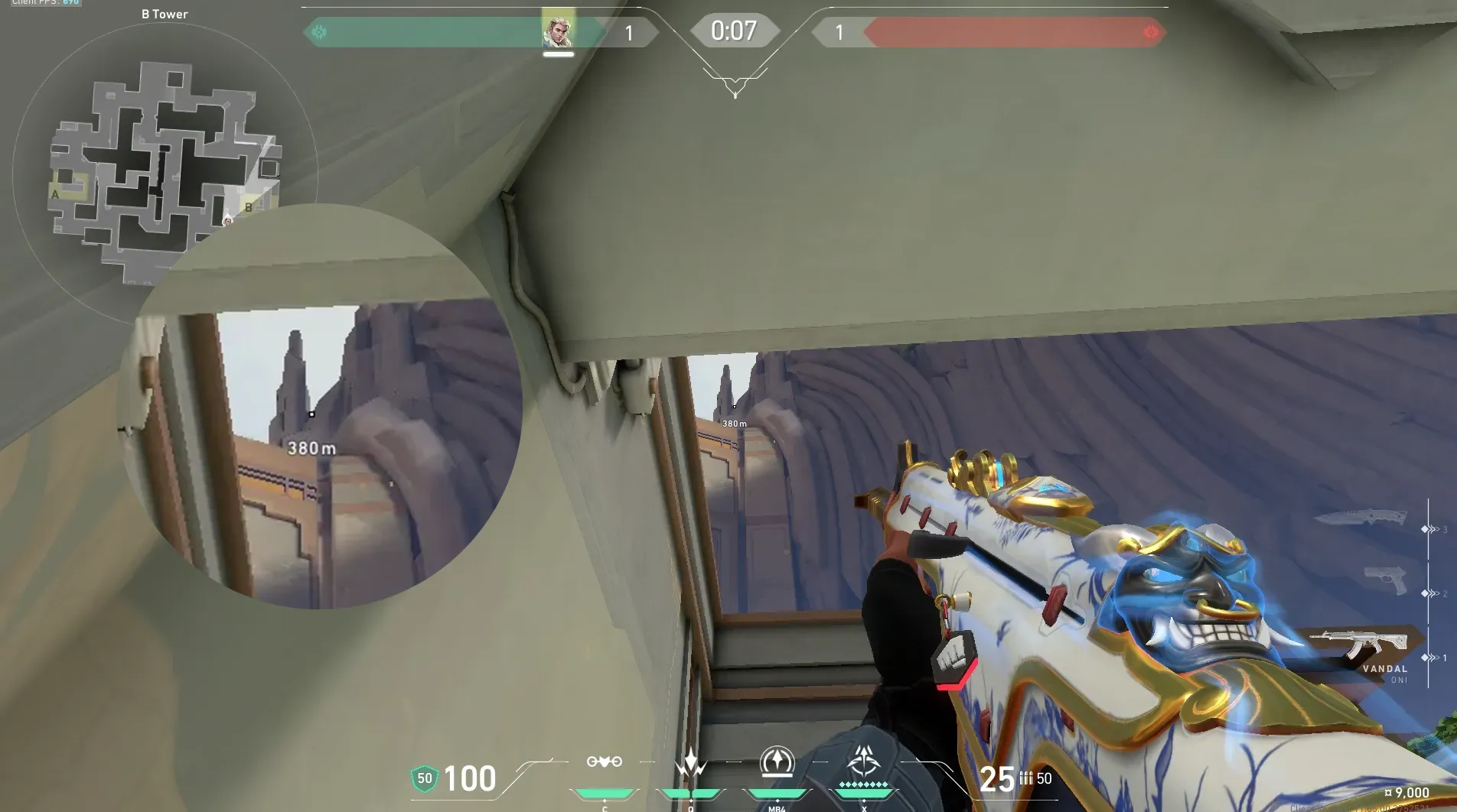 Sova Recon Bolt on Abyss Defense Site B — step 2 of 6: Aim — line up the shot