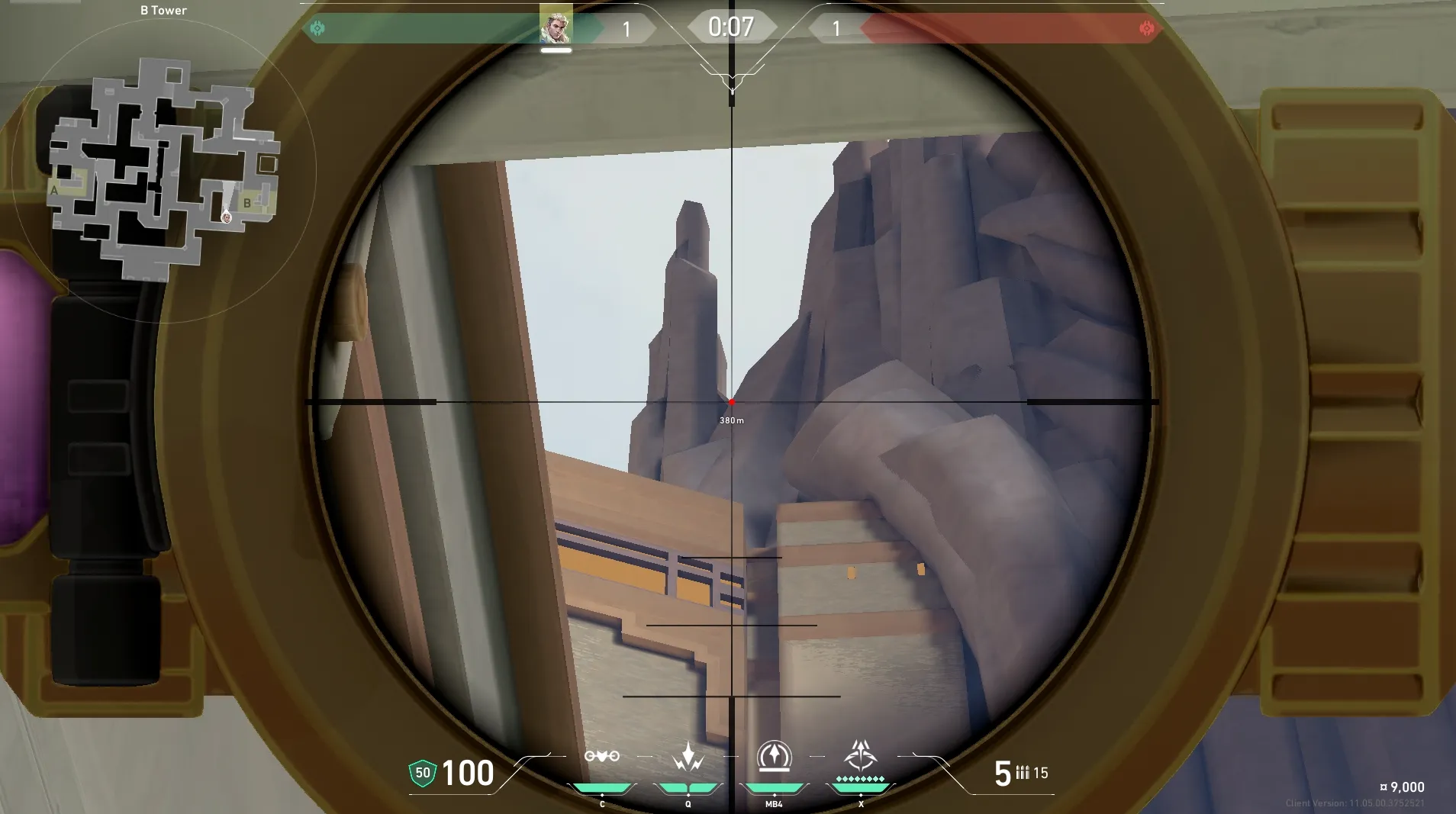 Sova Recon Bolt on Abyss Defense Site B — step 3 of 6: Aim — line up the shot