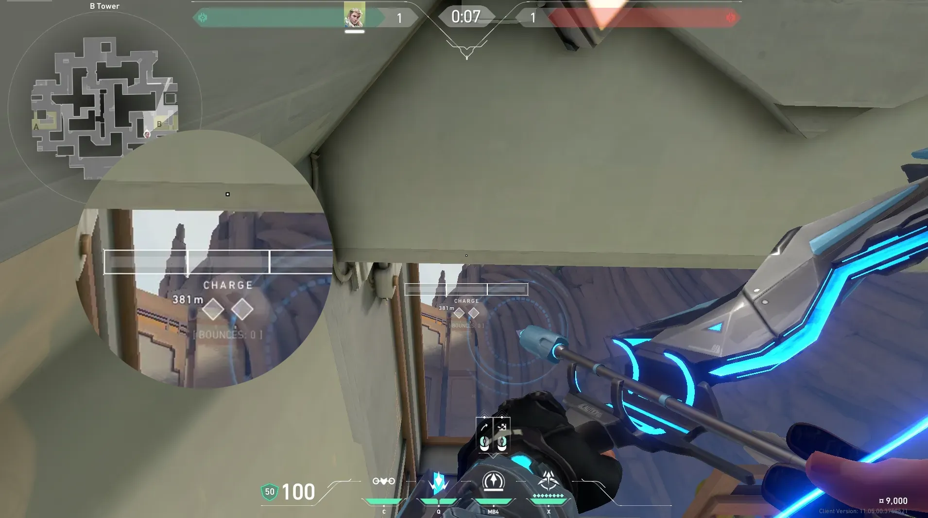 Sova Recon Bolt on Abyss Defense Site B — step 4 of 6: Aim — line up the shot