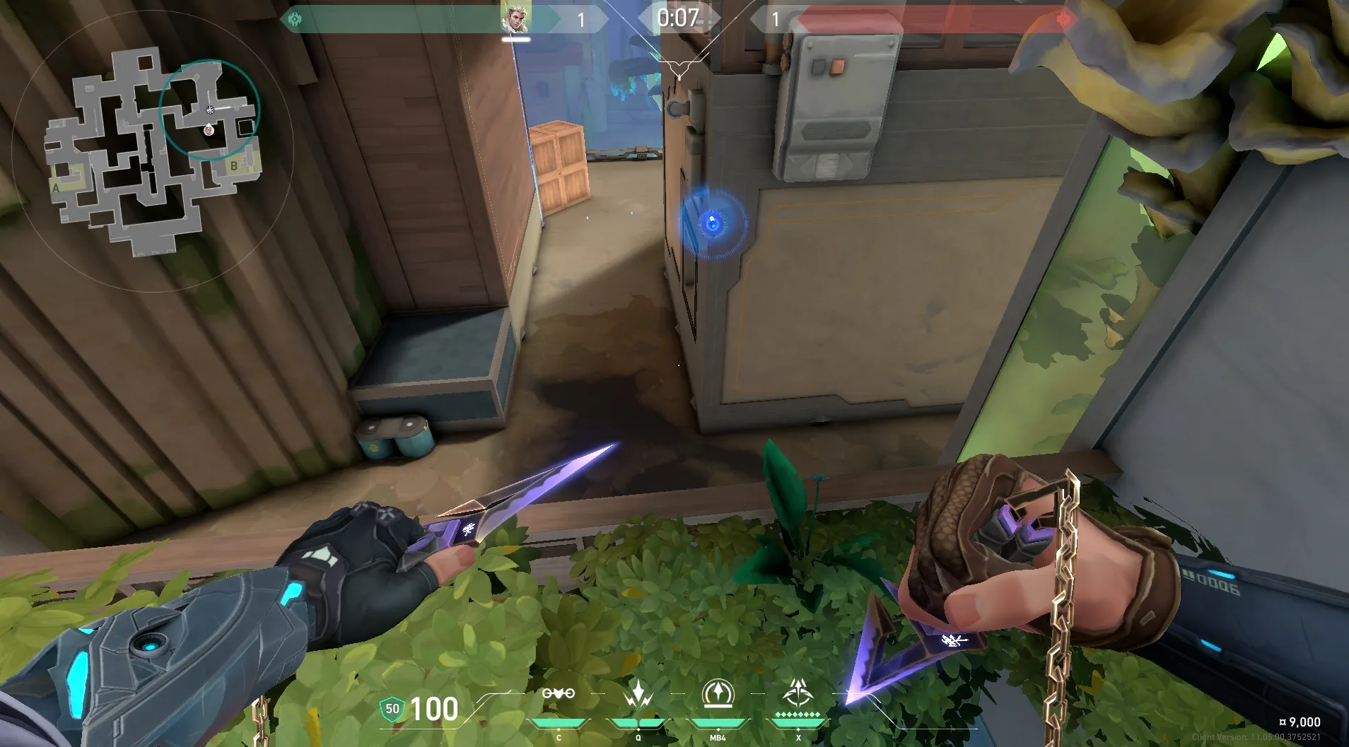 Sova Recon Bolt on Abyss Defense Site B — step 5 of 6: Aim — line up the shot