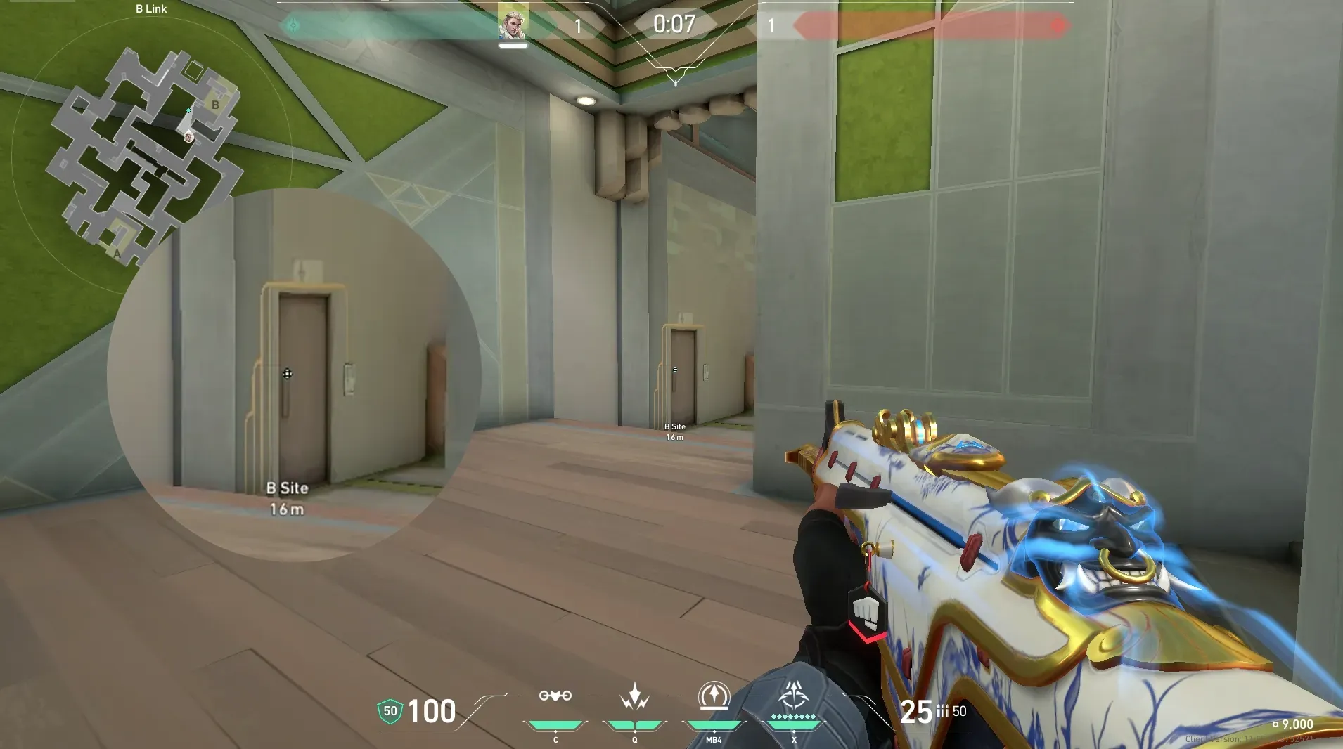 Sova Recon Bolt on Abyss Defense Site B — step 2 of 5: Aim — line up the shot