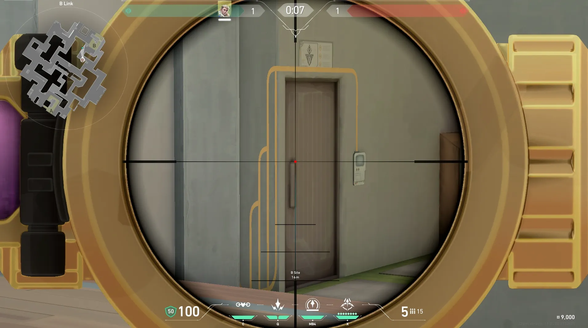 Sova Recon Bolt on Abyss Defense Site B — step 3 of 5: Aim — line up the shot