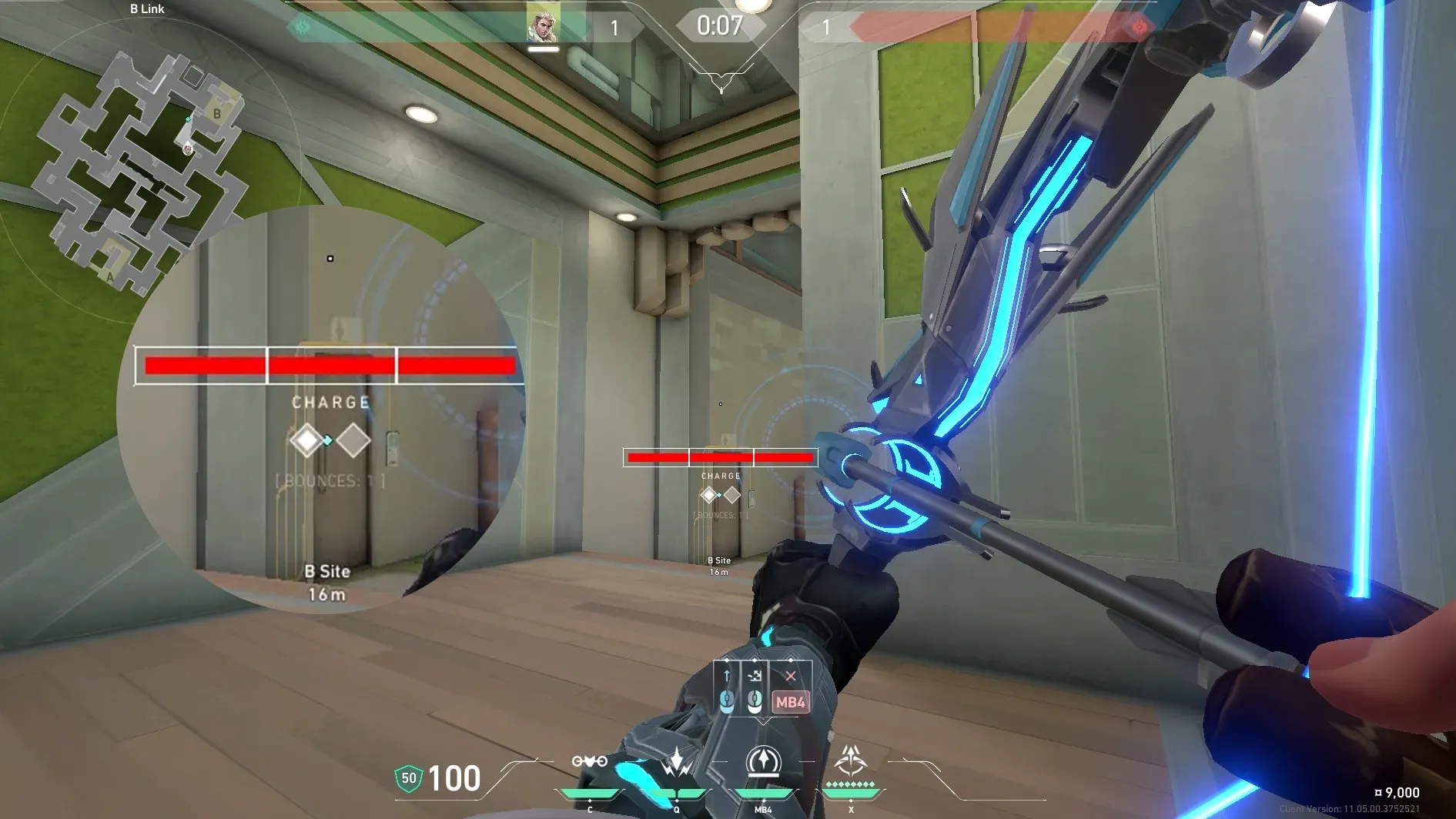 Sova Recon Bolt on Abyss Defense Site B — step 4 of 5: Aim — line up the shot
