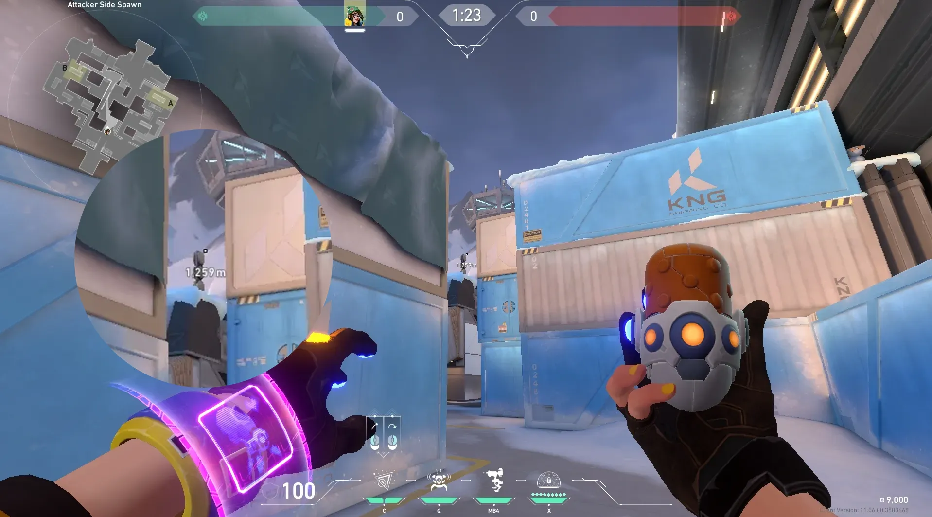 Killjoy Nanoswarm on Icebox Defense Site B — step 3 of 7: Aim — line up the shot