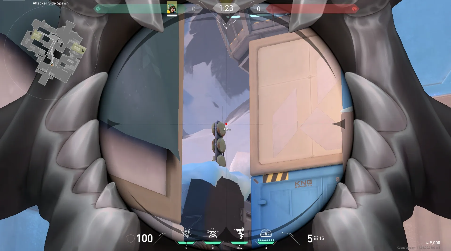 Killjoy Nanoswarm on Icebox Defense Site B — step 4 of 7: Aim — line up the shot