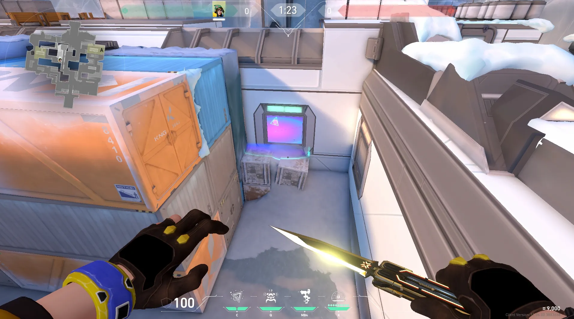 Killjoy Nanoswarm on Icebox Defense Site B — step 5 of 7: Aim — line up the shot