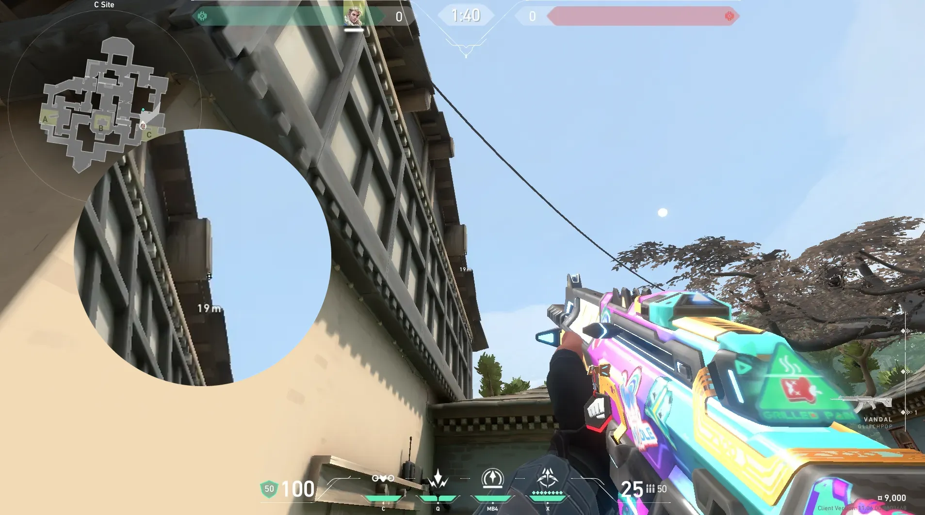Sova Shock Bolt on Haven Defense Site C — step 3 of 7: Aim — line up the shot