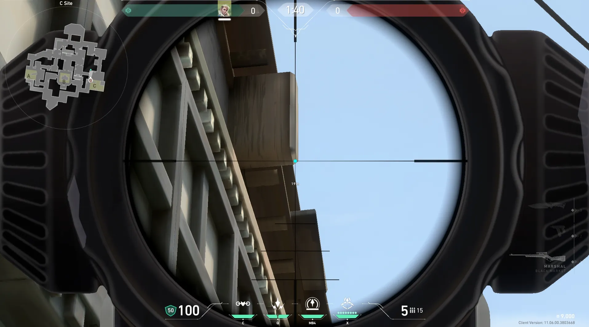 Sova Shock Bolt on Haven Defense Site C — step 4 of 7: Aim — line up the shot
