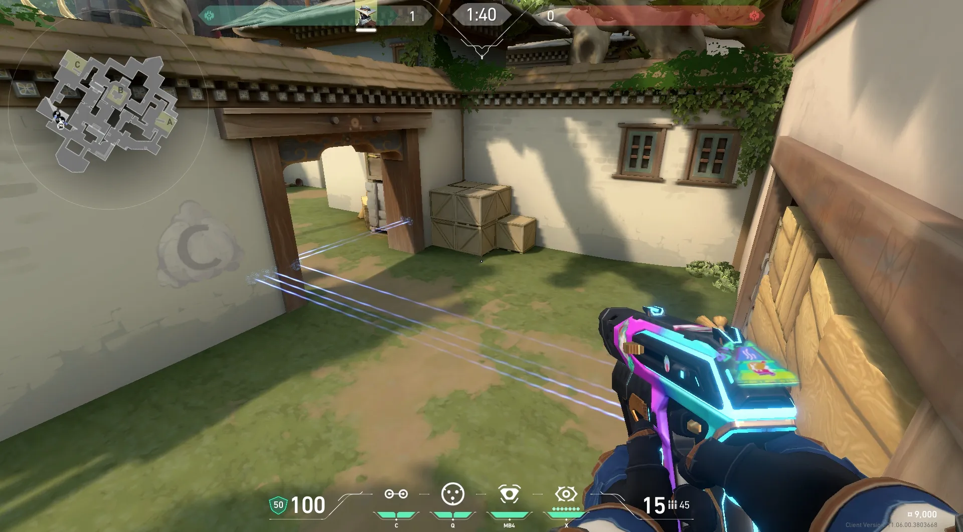 Sova Shock Bolt on Haven Defense Site C — step 6 of 7: Aim — line up the shot