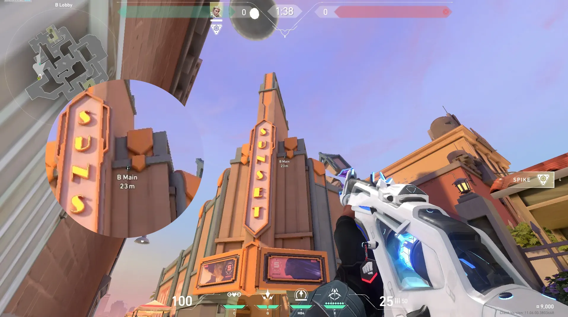 Sova Recon Bolt on Sunset Attack Site B — step 2 of 5: Aim — line up the shot
