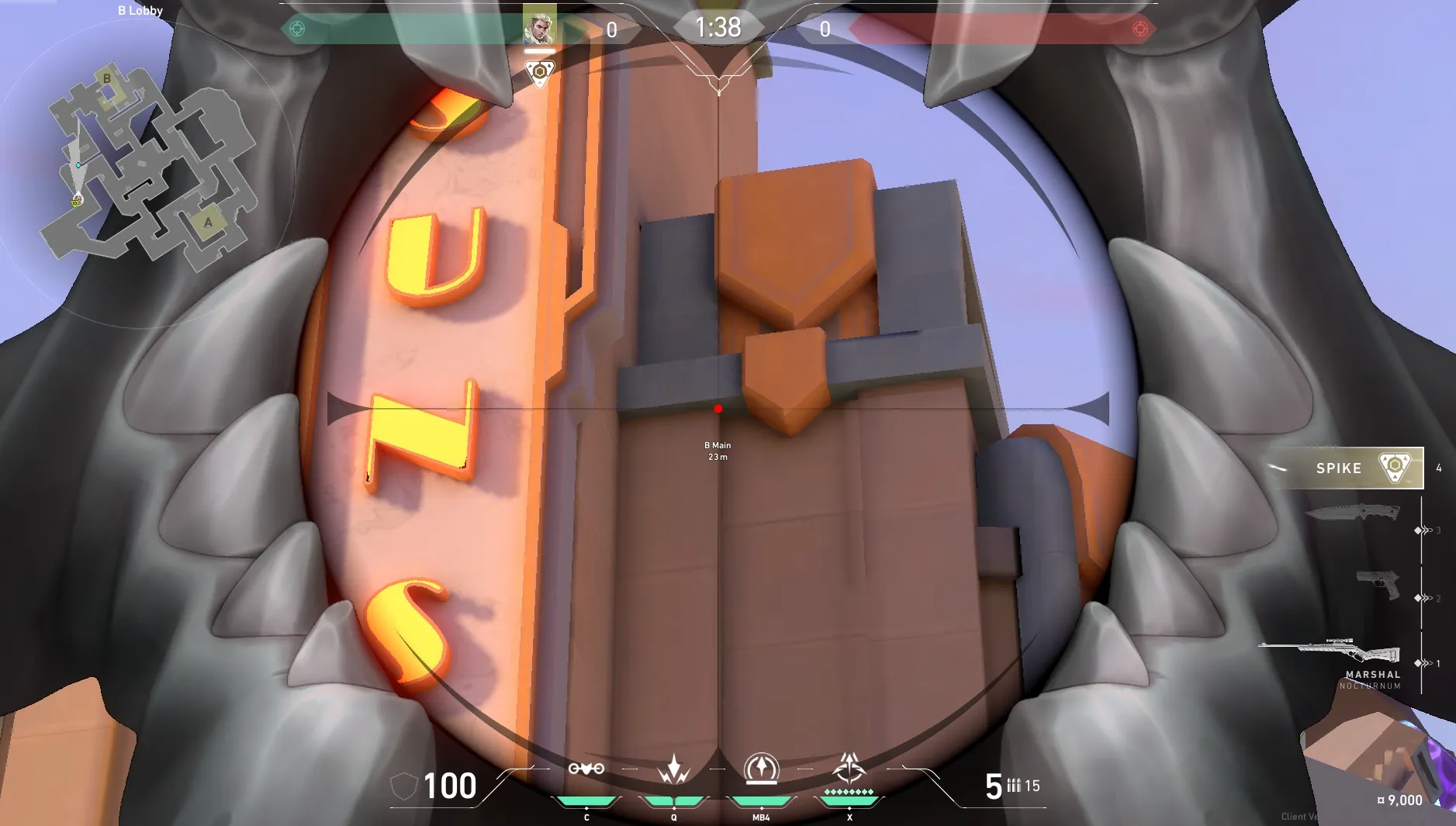 Sova Recon Bolt on Sunset Attack Site B — step 3 of 5: Aim — line up the shot