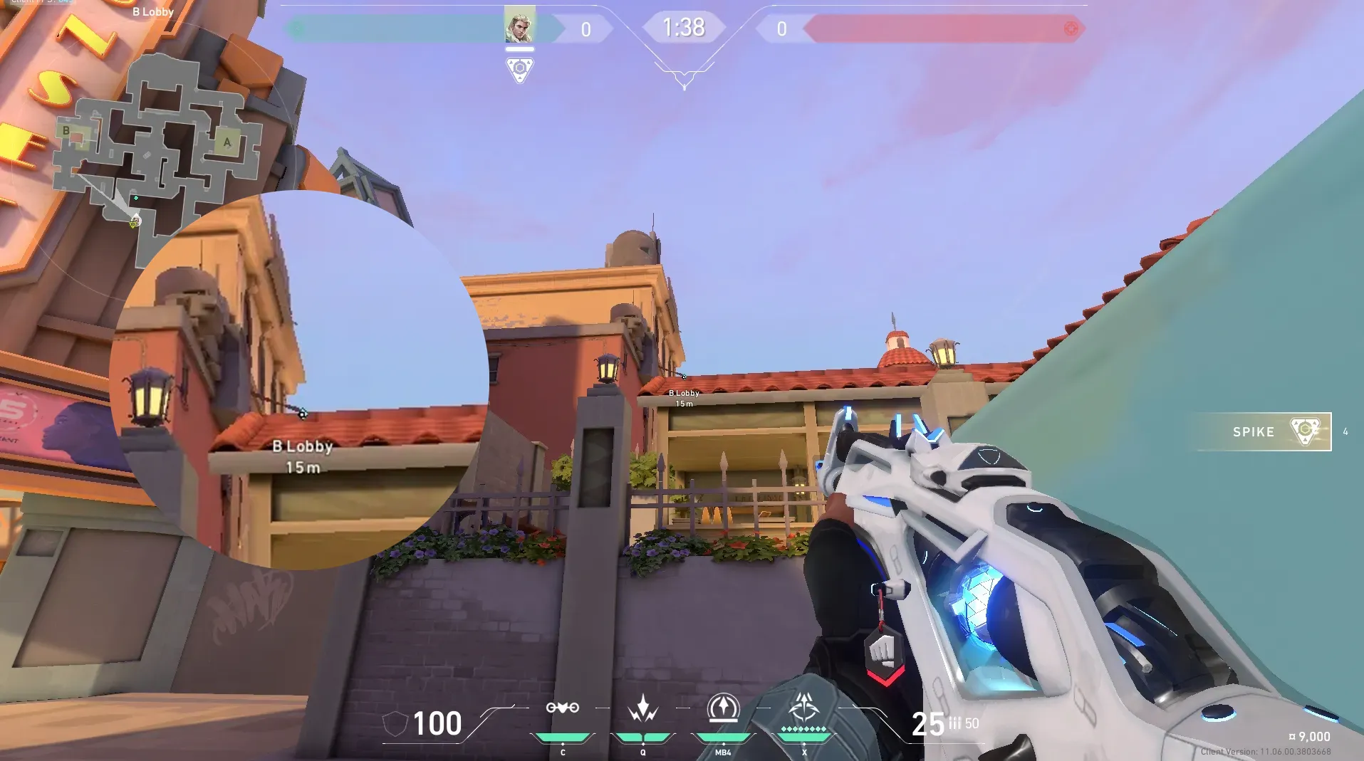 Sova Recon Bolt on Sunset Attack Site B — step 2 of 5: Aim — line up the shot