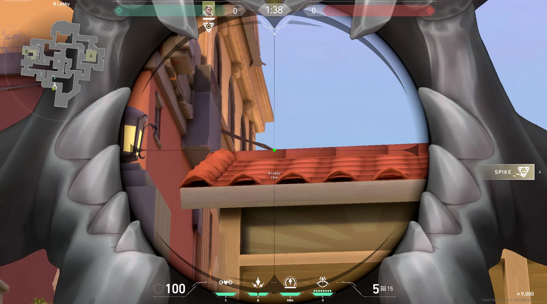 Sova Recon Bolt on Sunset Attack Site B — step 3 of 5: Aim — line up the shot