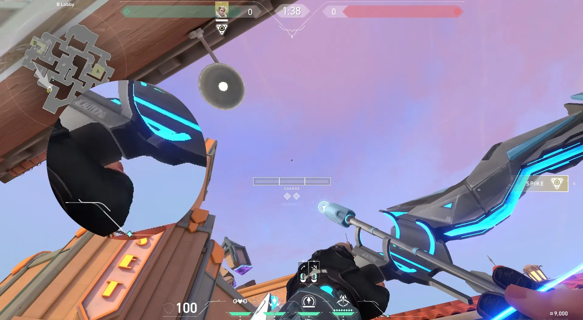 Sova Recon Bolt on Sunset Attack Site B — step 4 of 5: Aim — line up the shot