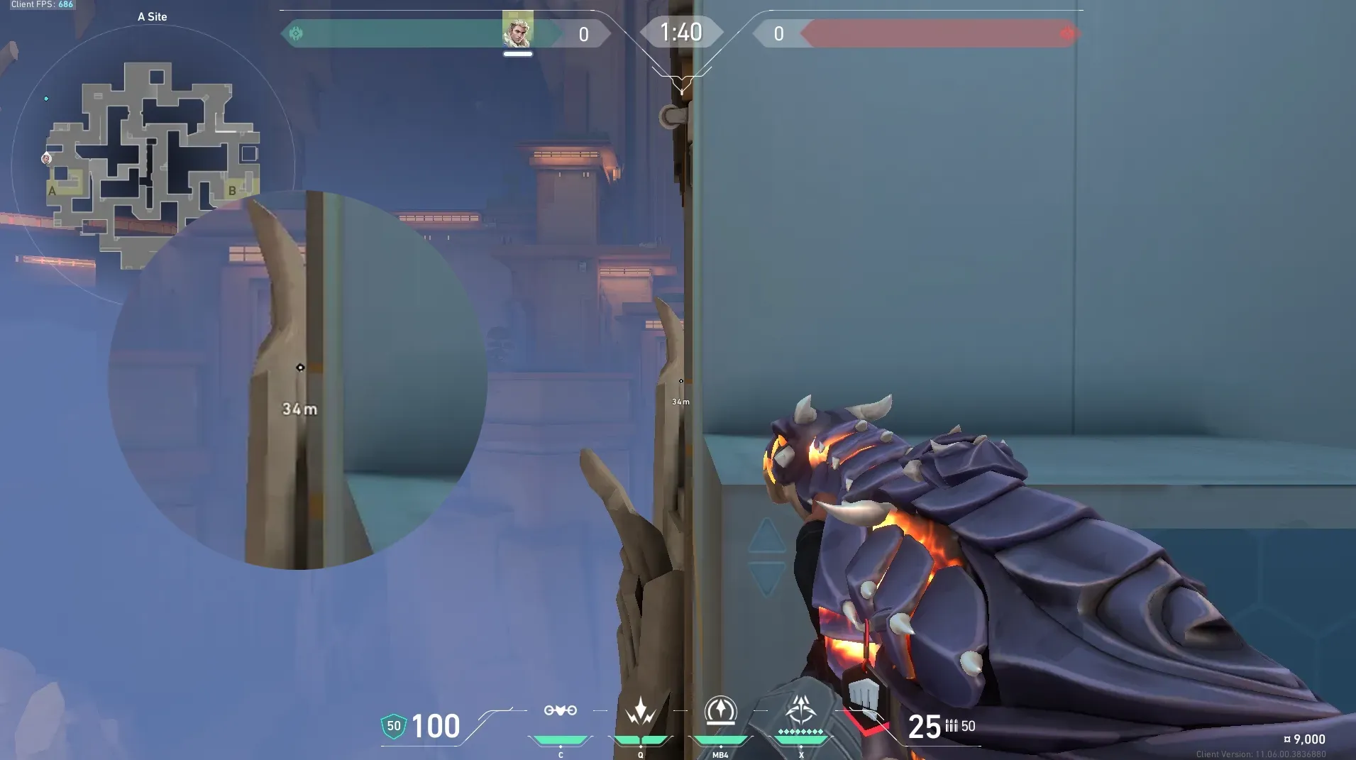 Sova Recon Bolt on Abyss Defense Site A — step 2 of 5: Aim — line up the shot