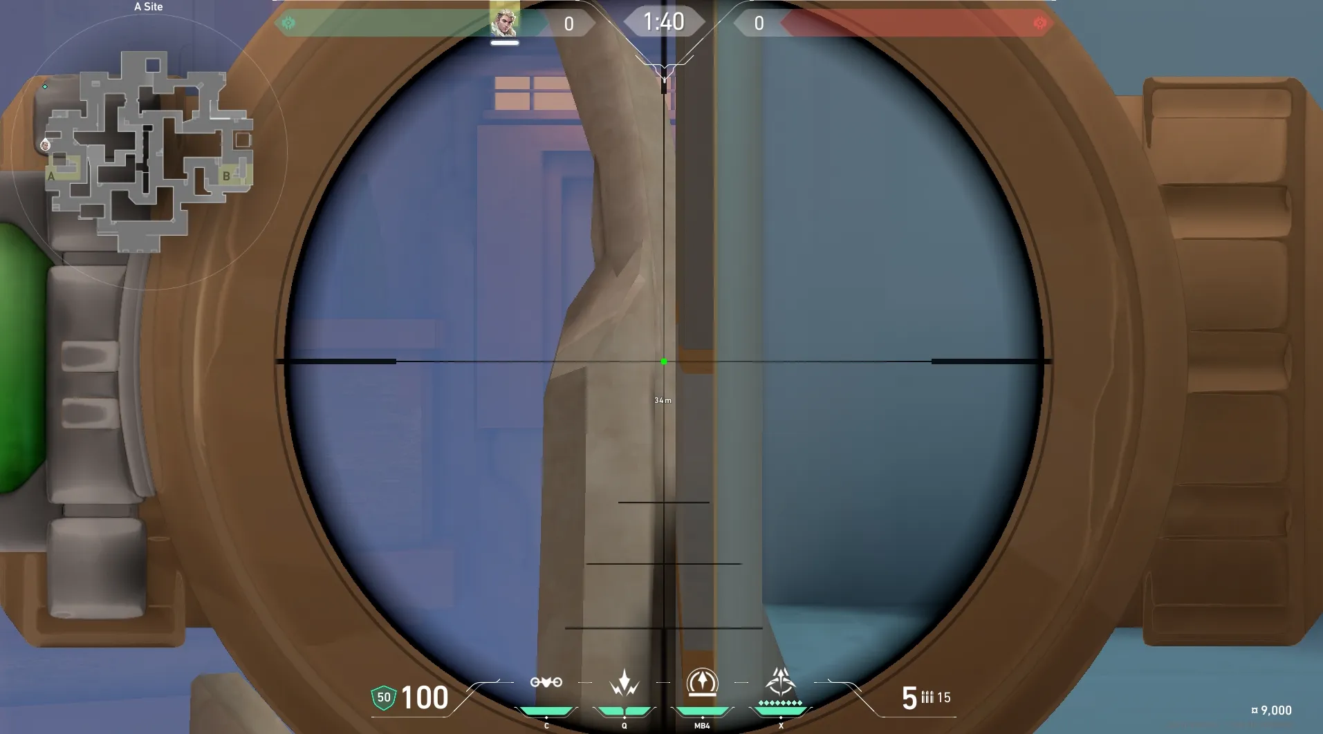 Sova Recon Bolt on Abyss Defense Site A — step 3 of 5: Aim — line up the shot