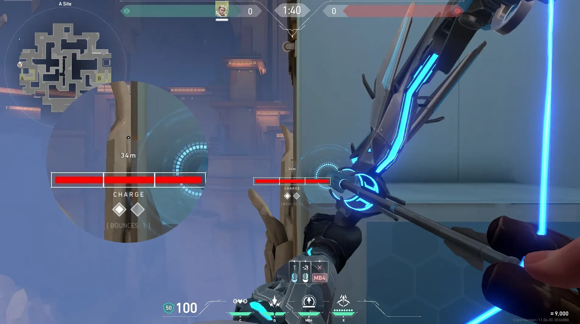 Sova Recon Bolt on Abyss Defense Site A — step 4 of 5: Aim — line up the shot