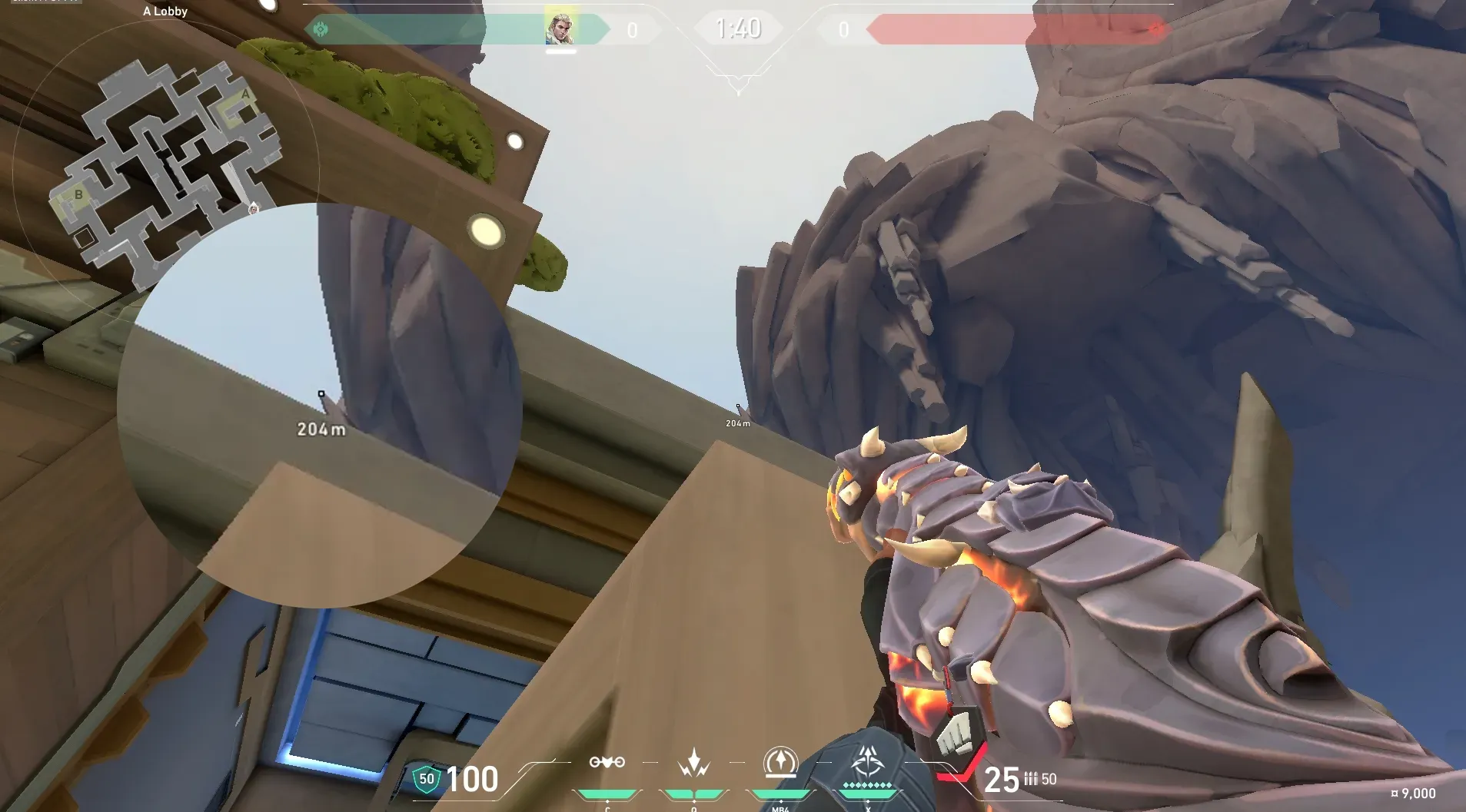 Sova Recon Bolt on Abyss Attack Site A — step 2 of 5: Aim — line up the shot