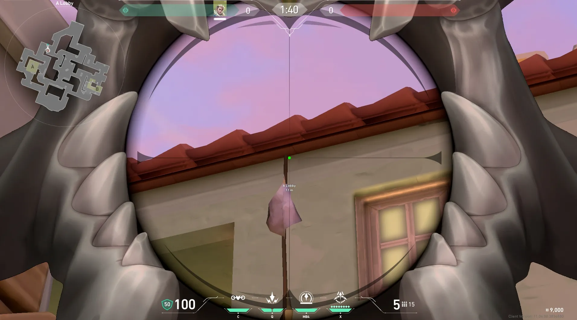 Sova Recon Bolt on Sunset Attack Site A — step 4 of 6: Aim — line up the shot