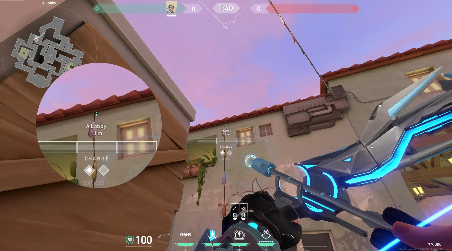 Sova Recon Bolt on Sunset Attack Site A — step 5 of 6: Aim — line up the shot
