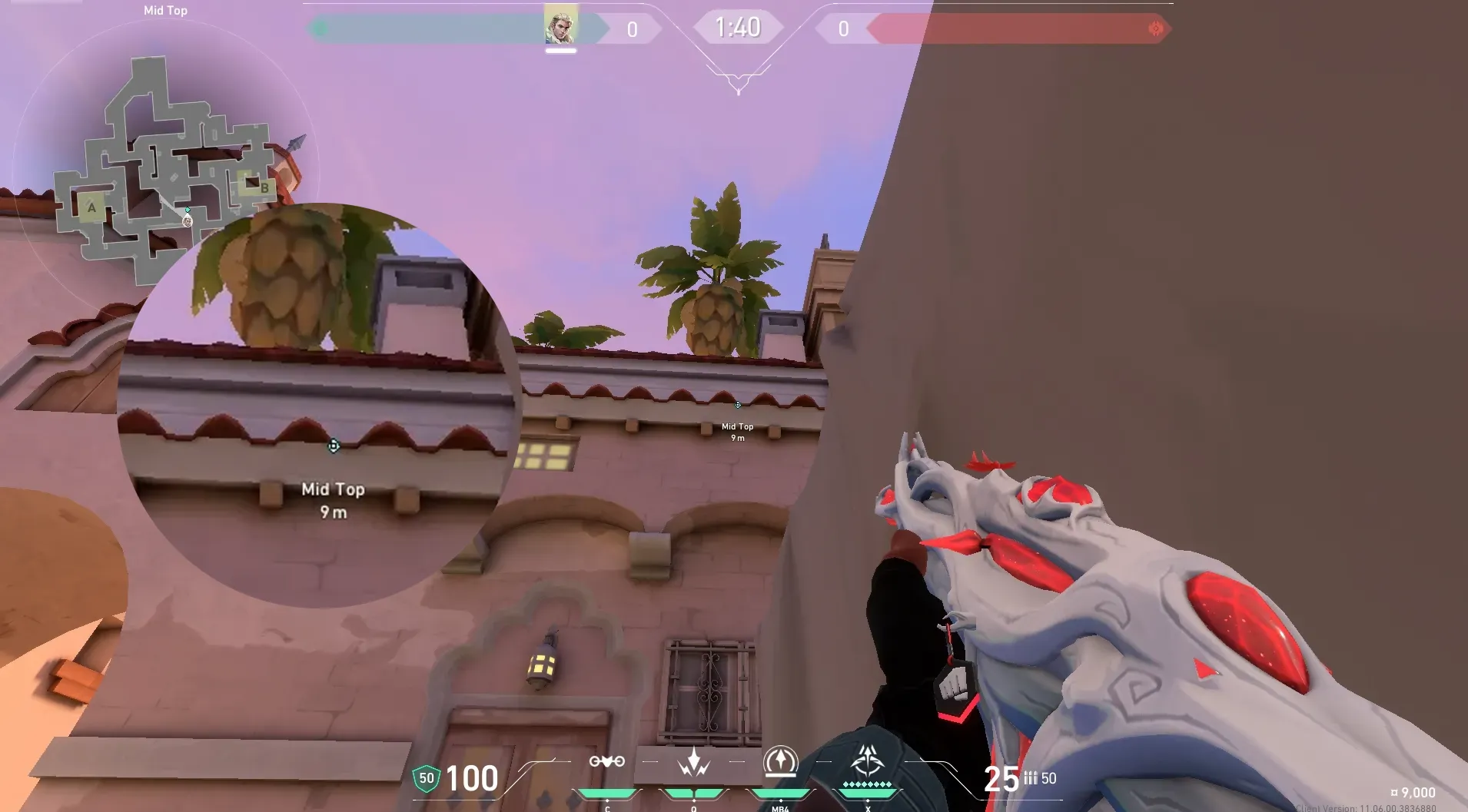Sova Shock Bolt on Sunset Defense Site B — step 2 of 6: Aim — line up the shot