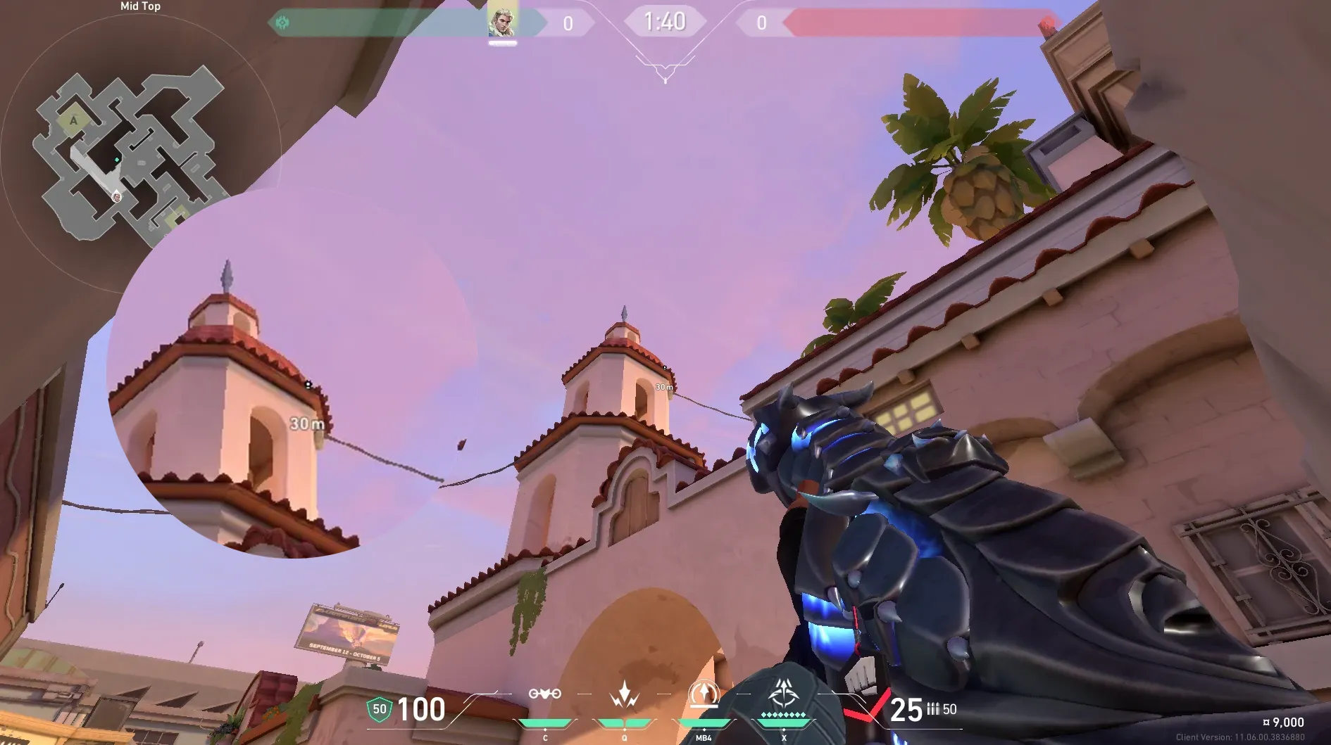 Sova Recon Bolt on Sunset Defense Site A — step 2 of 5: Aim — line up the shot