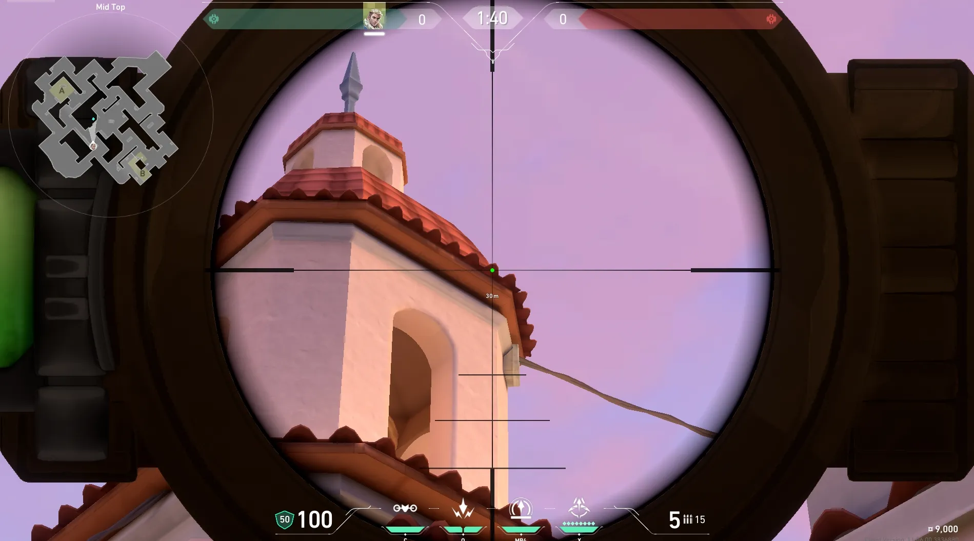 Sova Recon Bolt on Sunset Defense Site A — step 3 of 5: Aim — line up the shot