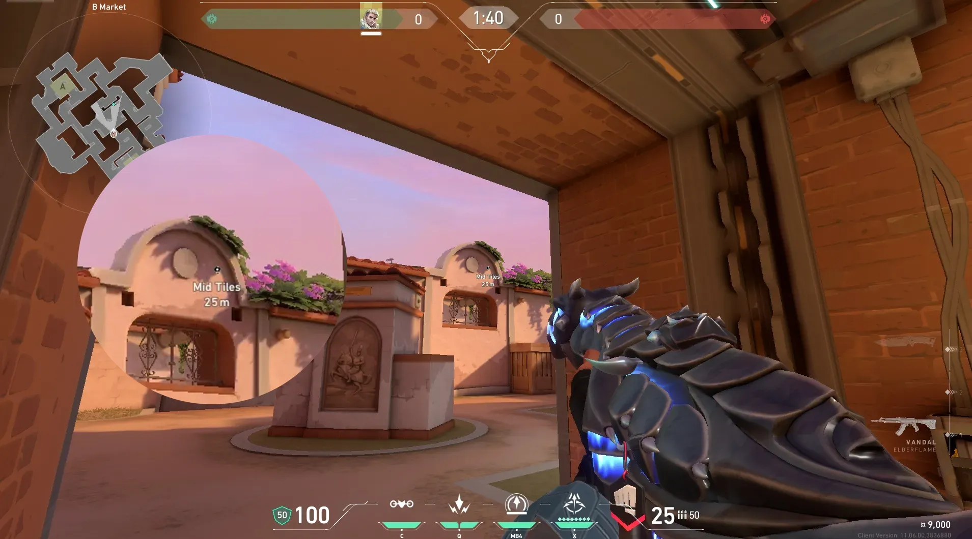 Sova Shock Bolt on Sunset Defense Site B — step 2 of 5: Aim — line up the shot