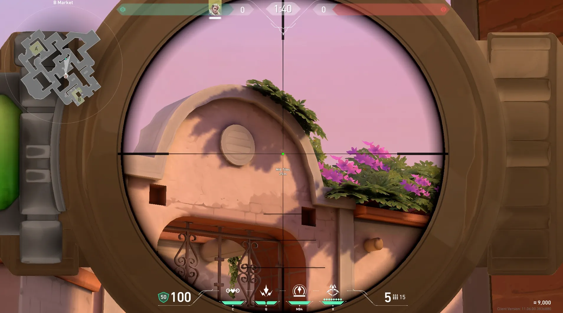 Sova Shock Bolt on Sunset Defense Site B — step 3 of 5: Aim — line up the shot